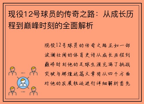 现役12号球员的传奇之路：从成长历程到巅峰时刻的全面解析